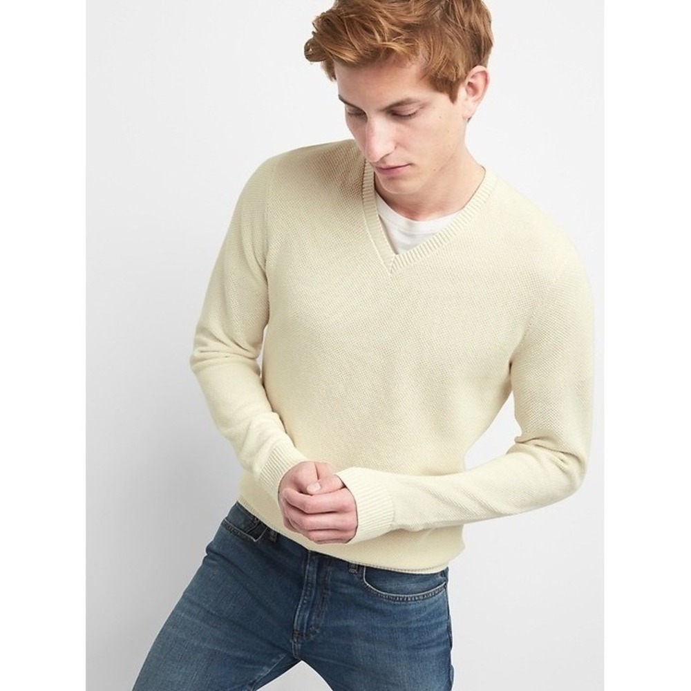 Gap For Good Mens Cream‎ Cotton Textured V-Neck Sweater Size Large Off-White